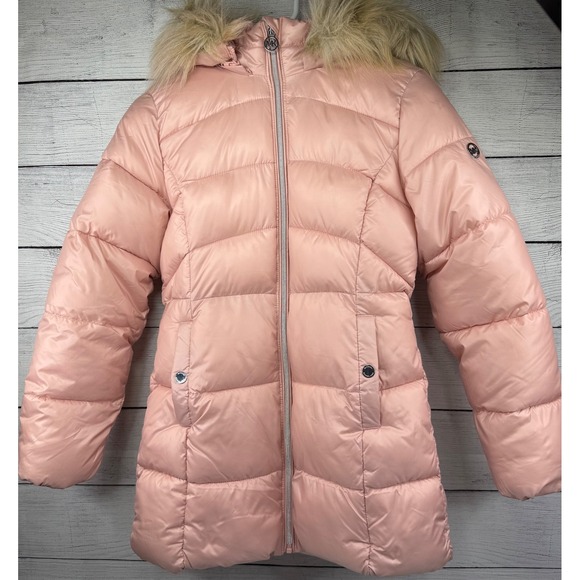 Michael Kors Youth Girl's Pink Puffer Coat Faux Fur Hood Winter